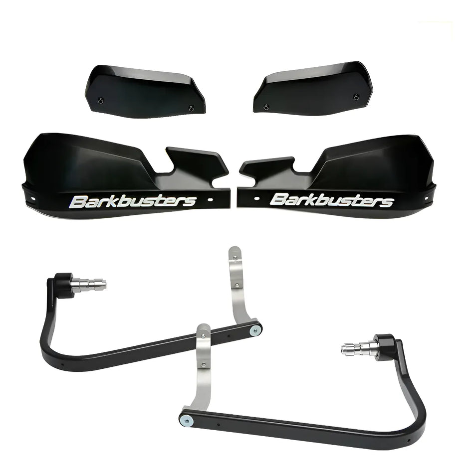 CUBRE PUÑOS ALUMINIO KTM DUKE 200/250/390 - HONDA CB 500F 13-18 - CB 500X 16-18 - CB 650F/R - BMW F 700/800 GS - F 800 GS ADVENTURE 16-18 - ROYAL ENFIELD HUNTER 350 - NEGRO/BLANCO [INCLUYE PLASTICOS VPS] - BARKBUSTERS