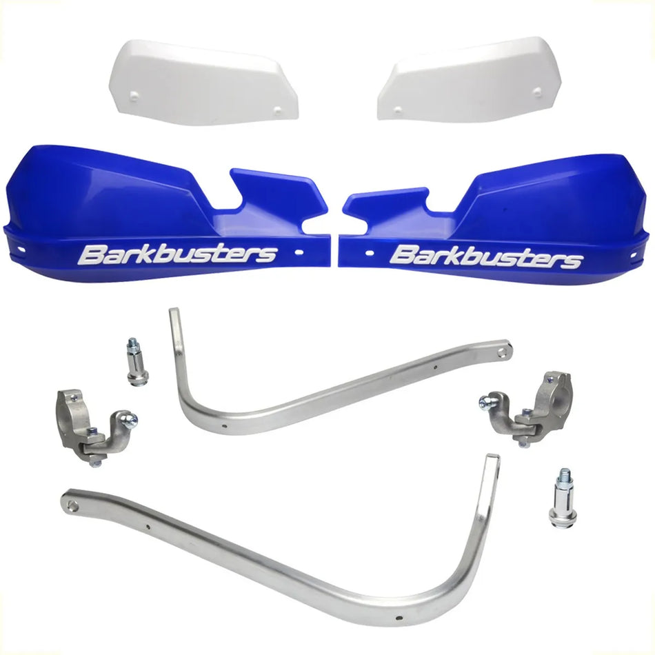 CUBRE PUÑOS ALUMINIO KTM EXC 125/250/300 - EXC-F 350/450/500 - HUSQVARNA FE 250/350/450/501 - TE 125/250/300/350 - K VERSYS 1000 15-18 - AZUL/BLANCO [INCLUYE PLASTICOS VPS] - BARKBUSTERS