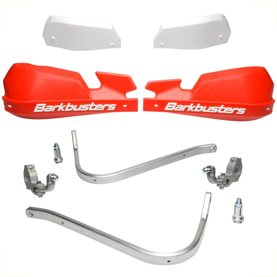 CUBRE PUÑOS ALUMINIO KTM EXC 125/250/300 - EXC-F 350/450/500 - HUSQVARNA FE 250/350/450/501 - TE 125/250/300/350 - K VERSYS 1000 15-18 - ROJO/BLANCO [INCLUYE PLASTICOS VPS] - BARKBUSTERS