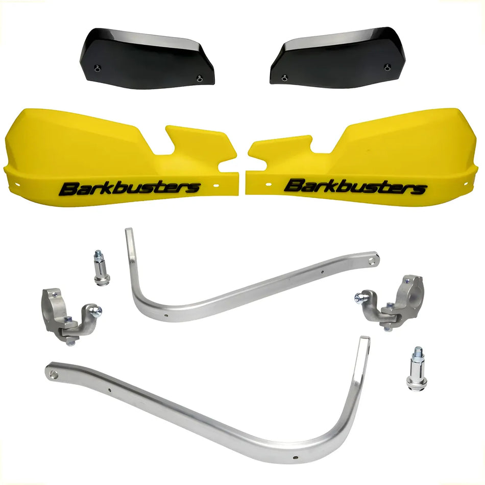 CUBRE PUÑOS ALUMINIO KTM EXC 125/250/300 - EXC-F 350/450/500 - HUSQVARNA FE 250/350/450/501 - TE 125/250/300/350 - K VERSYS 1000 15-18 - AMARILLO/NEGRO [INCLUYE PLASTICOS VPS] - BARKBUSTERS