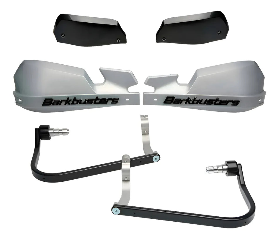 CUBRE PUÑOS ALUMINIO KTM DUKE 200/250/390 - HONDA CB 500F 13-18 - CB 500X 16-18 - CB 650F/R - BMW F 700/800 GS - F 800 GS ADVENTURE 16-18 - ROYAL ENFIELD HUNTER 350 - GRIS/NEGRO [INCLUYE PLASTICOS VPS] - BARKBUSTERS