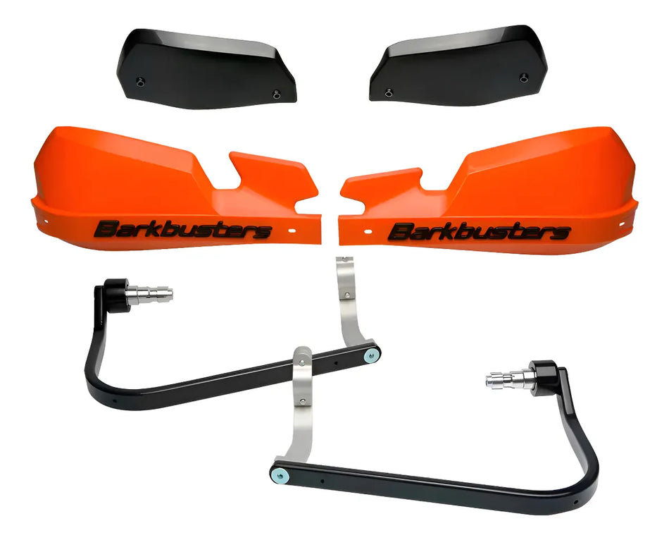 CUBRE PUÑOS ALUMINIO KTM DUKE 200/250/390 - HONDA CB 500F 13-18 - CB 500X 16-18 - CB 650F/R - BMW F 700/800 GS - F 800 GS ADVENTURE 16-18 - ROYAL ENFIELD HUNTER 350 - NARANJA/NEGRO [INCLUYE PLASTICOS VPS] - BARKBUSTERS
