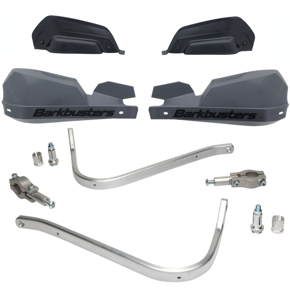 CUBRE PUÑOS ALUMINIO KAWASAKI KLR 650 - KLX 450R - KX 125/150 - HONDA XR - AFRICA TWIN 750 - CRF 250X/250L/250F/450X - XRE 300 - SUZUKI DRZ 400 - DR 650SE/350 - Y XTZ 125/150/250 - TTR 125/230 - GRIS/NEGRO (INCLUYE PLASTICOS VPS) - BARKBUSTERS