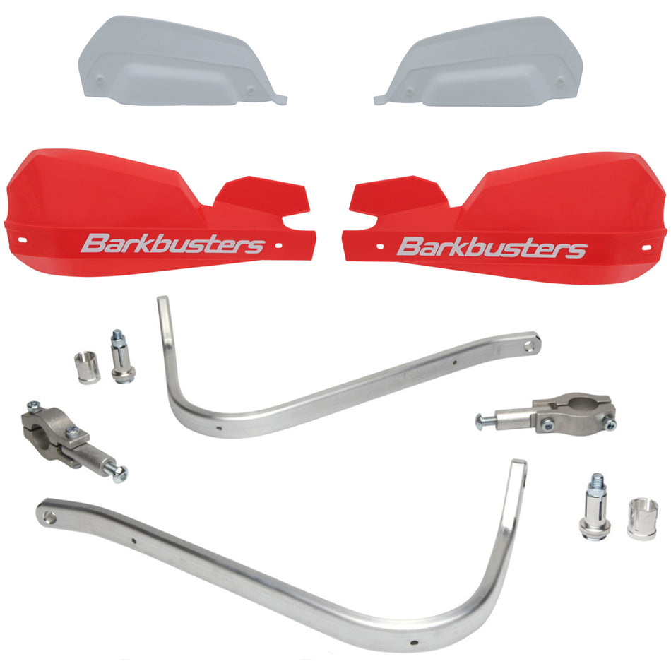 CUBRE PUÑOS ALUMINIO KAWASAKI KLR 650 - KLX 450R - KX 125/150 - HONDA XR - AFRICA TWIN 750 - CRF 250X/250L/250F/450X - XRE 300 - SUZUKI DRZ 400 - DR 650SE/350 - Y XTZ 125/150/250 - TTR 125/230 - ROJO/BLANCO (INCLUYE PLASTICOS VPS) - BARKBUSTERS