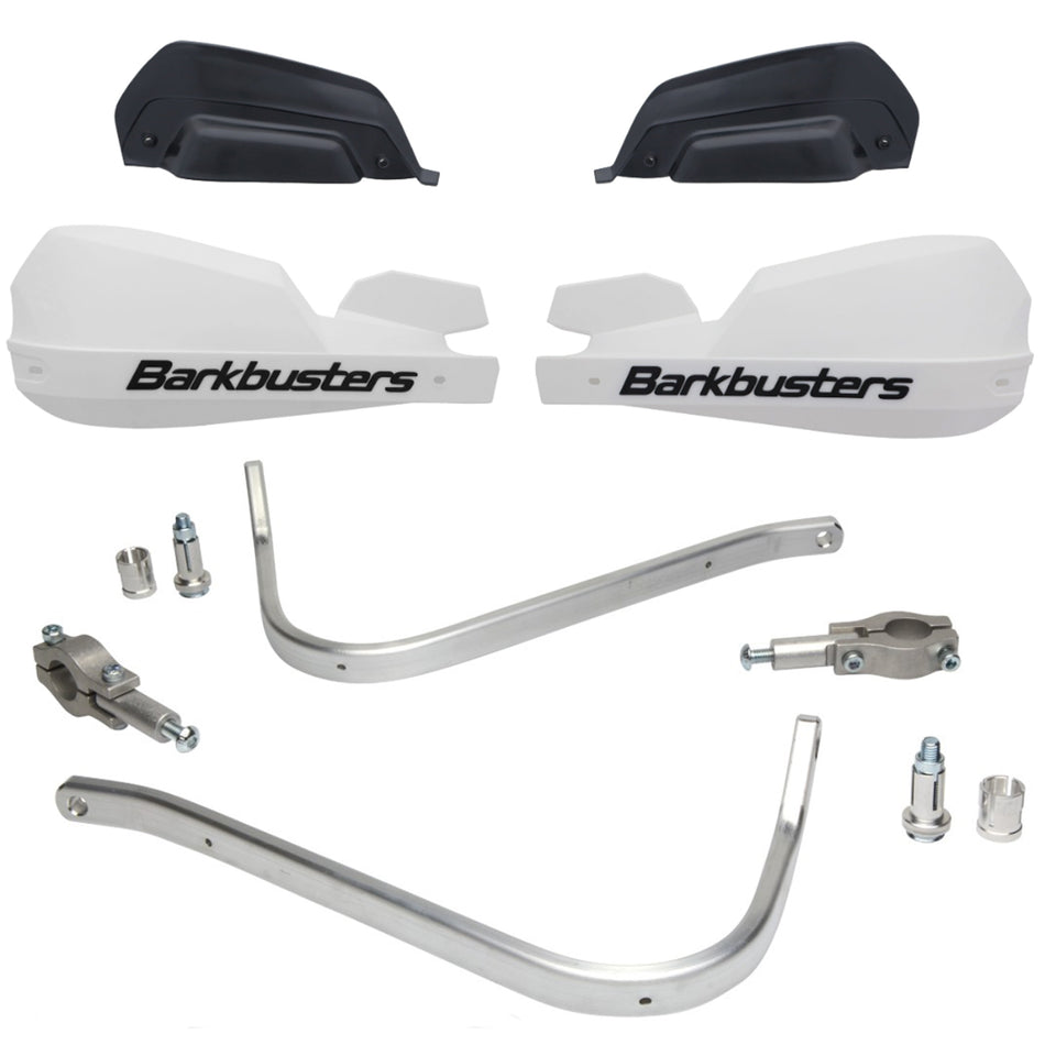 CUBRE PUÑOS ALUMINIO KAWASAKI KLR 650 - KLX 450R - KX 125/150 - HONDA XR - AFRICA TWIN 750 - CRF 250X/250L/250F/450X - XRE 300 - SUZUKI DRZ 400 - DR 650SE/350 - Y XTZ 125/150/250 - TTR 125/230 - BLANCO/NEGRO (INCLUYE PLASTICOS VPS) - BARKBUSTERS