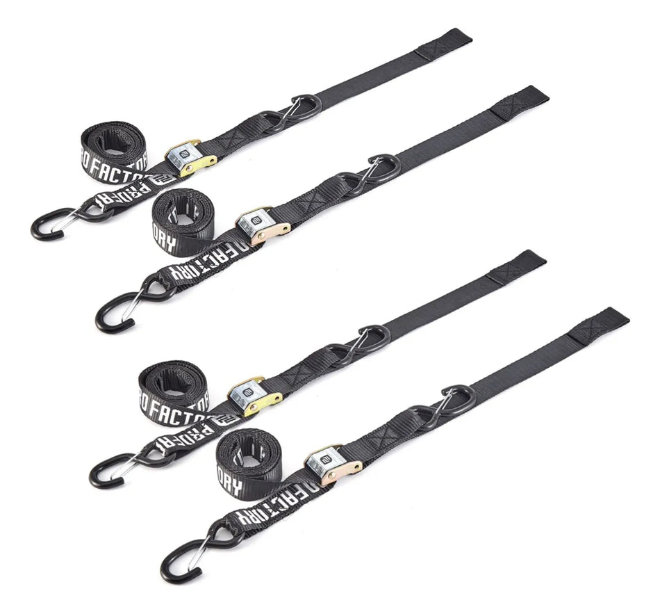 KIT X 4 CORREAS AMARRE CINCHOS TIE DOWN 1.0"/38 MM PARA MOTOCICLETAS - NEGRO - PRO FACTORY