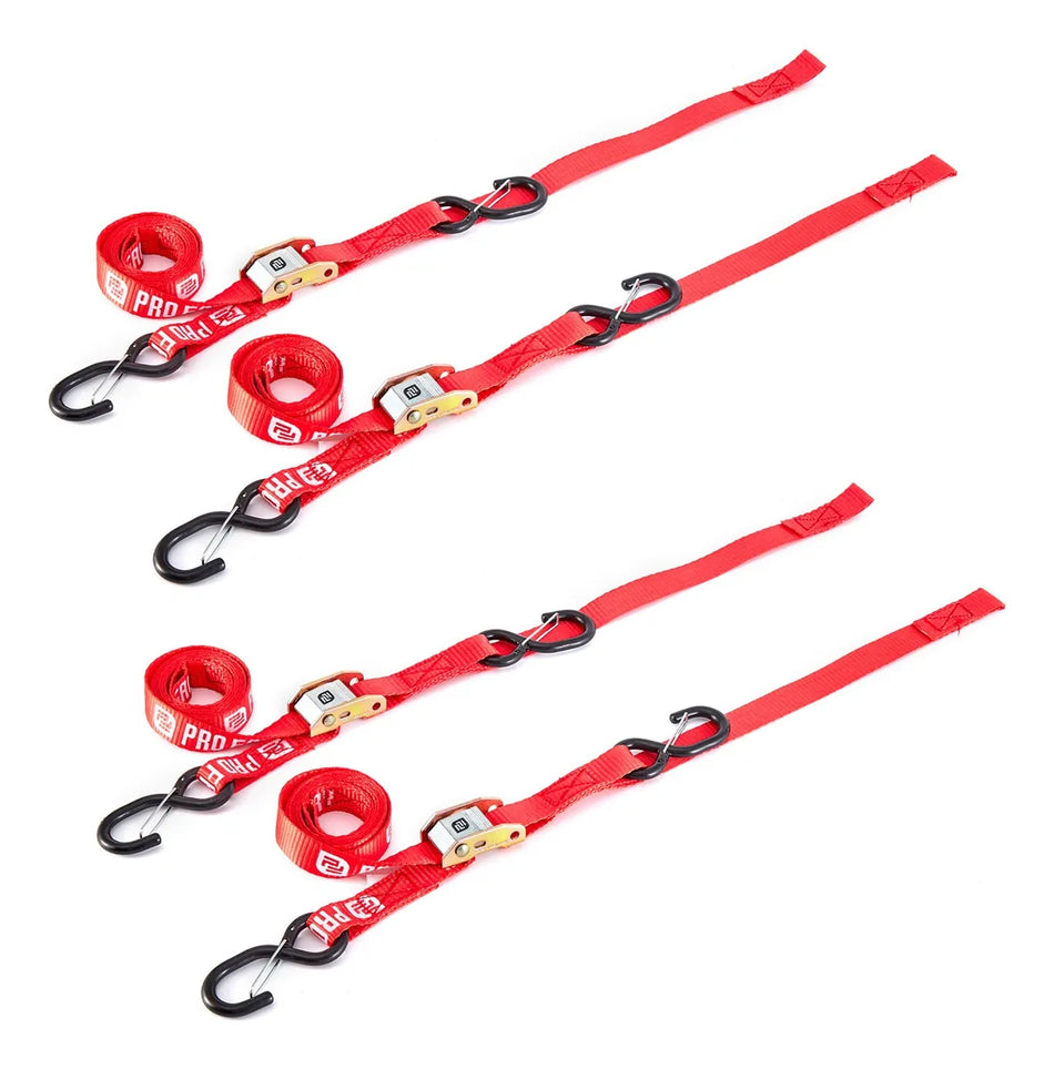 KIT X 4 CORREAS AMARRE CINCHOS TIE DOWN 1.0"/25 MM PARA MOTOCICLETAS - ROJO - PRO FACTORY