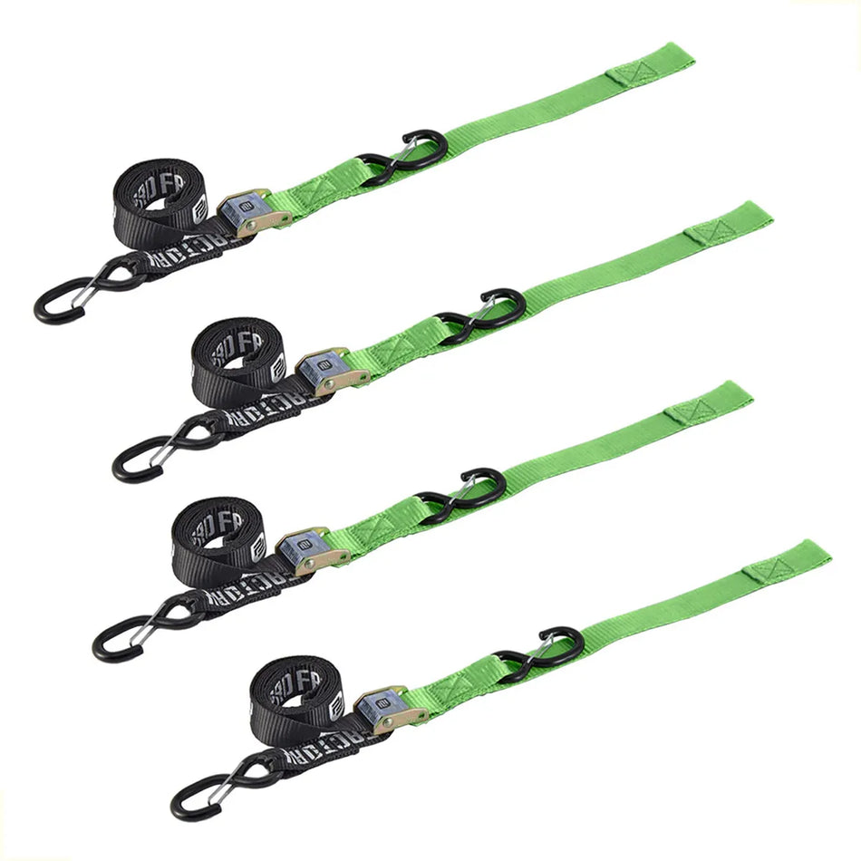 KIT X 4 CORREAS AMARRE CINCHOS TIE DOWN 1.5"/38 MM PARA MOTOCICLETAS - NEGRO/VERDE - PRO FACTORY