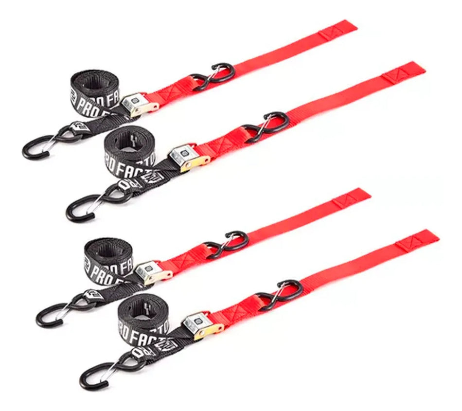 KIT X 4 CORREAS AMARRE CINCHOS TIE DOWN 1.0"/38 MM PARA MOTOCICLETAS - NEGRO/ROJO - PRO FACTORY