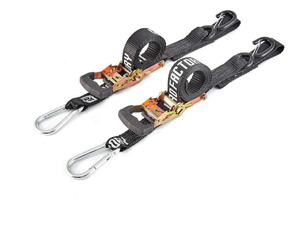 CORREAS AMARRE CINCHOS TIE DOWN 1.5"/38 MM PARA MOTOCICLETAS - PAR - NEGRO/NEGRO- PRO FACTORY