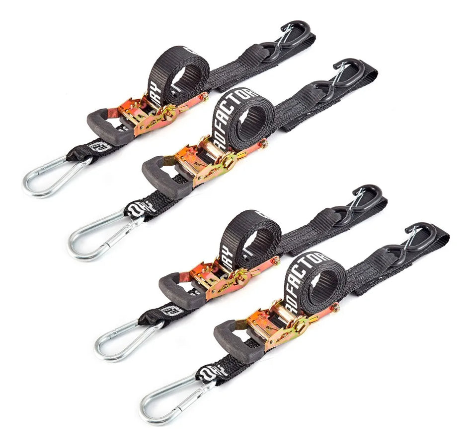 KIT X 4 CORREAS DEA AMARRE CINCHOS TIE DOWN 1.5"/38 MM CON MATRACA REFORZADOS - NEGRO - PRO FACTORY