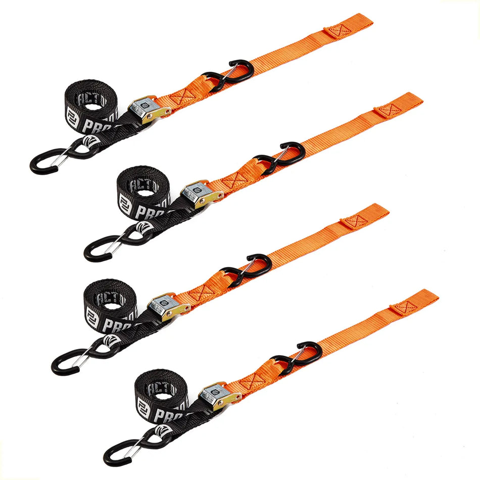 KIT X 4 CORREAS AMARRE CINCHOS TIE DOWN 1.5"/38 MM PARA MOTOCICLETAS - NARANJA/NEGRO - PRO FACTORY