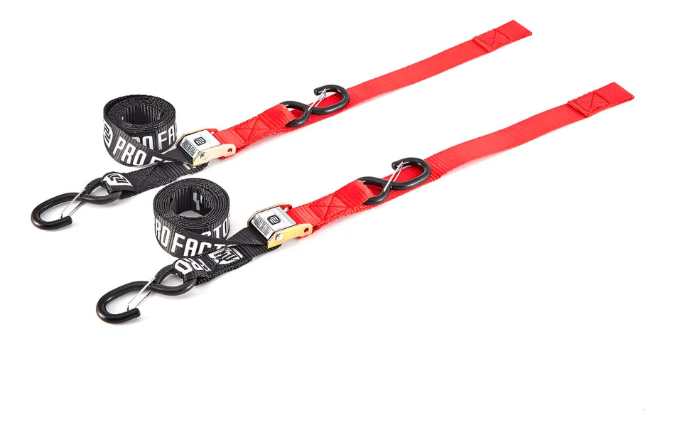 CORREAS AMARRE CINCHOS TIE DOWN 1.5"/38 MM PARA MOTOCICLETAS - PAR - NEGRO/ROJO - PRO FACTORY
