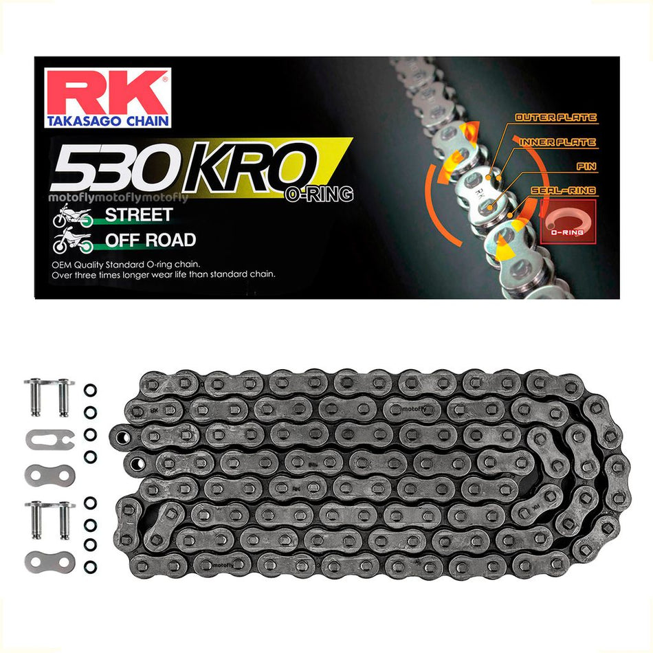 CADENA RK 530 KRO X 124L - CON ORING - CANDADO PASADOR & REMACHE - NEGRA - RK
