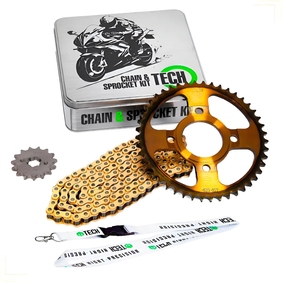 KIT DE ARRASTRE ITALIKA DM 200 14-25- DM 200 SPORTS 19-21 - DM 200 GPS 25 - DM 250 20-25 - DM 250X 22-25- REFORZADO - GOLD - TECH